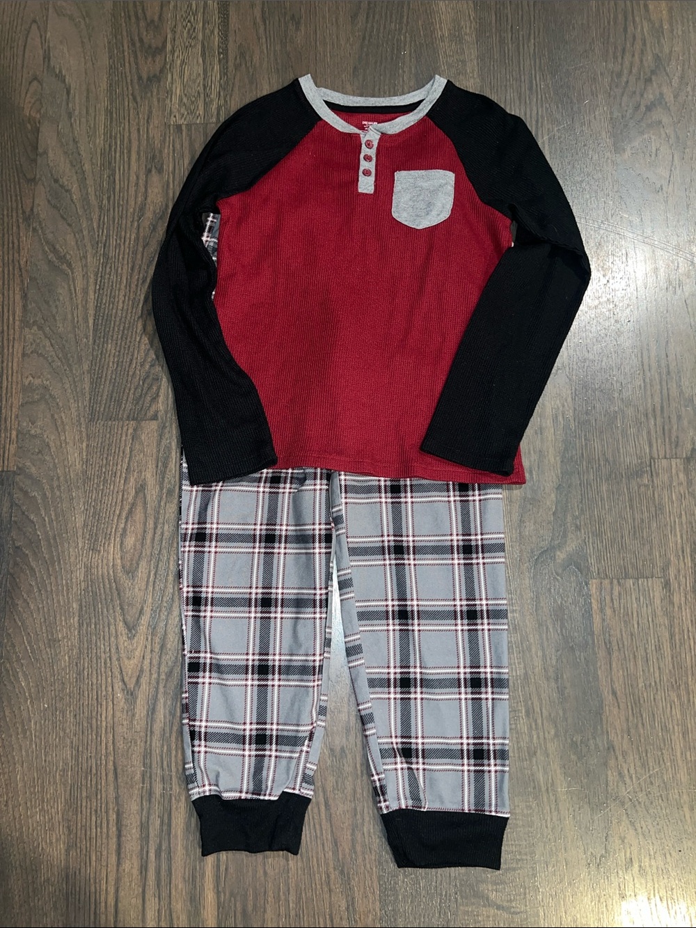 Kids Red & Black Raglan Pajama Set with Gray Plaid Pants